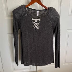 Xhilaration Charcoal Lace-Up Long Sleeve Top